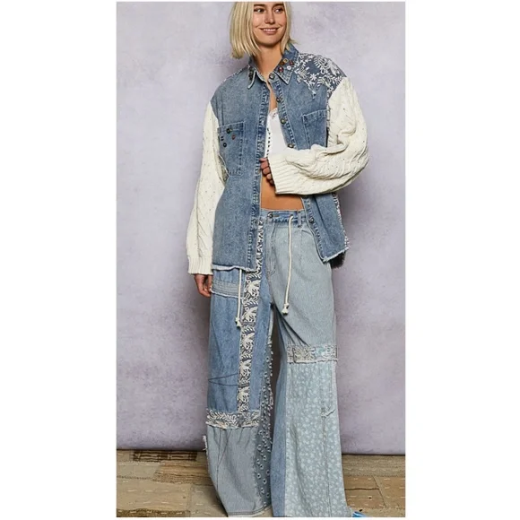 POL Light Wash Floral Print Stretchy Waist Wide leg Denim Jeans - Picture 7 of 7